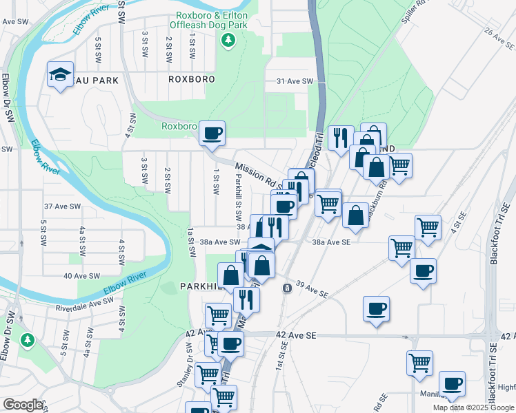 map of restaurants, bars, coffee shops, grocery stores, and more near 3815 Parkhill Place Southwest in Calgary