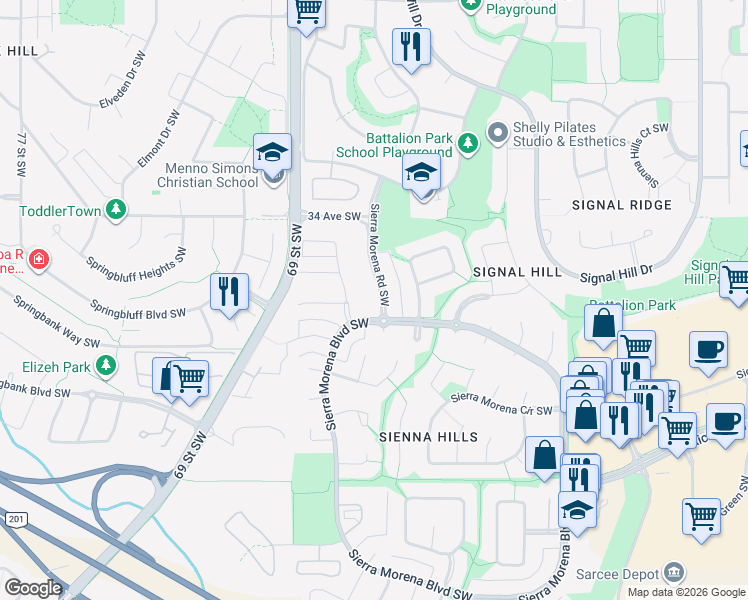 map of restaurants, bars, coffee shops, grocery stores, and more near 3663 Sierra Morena Road Southwest in Calgary