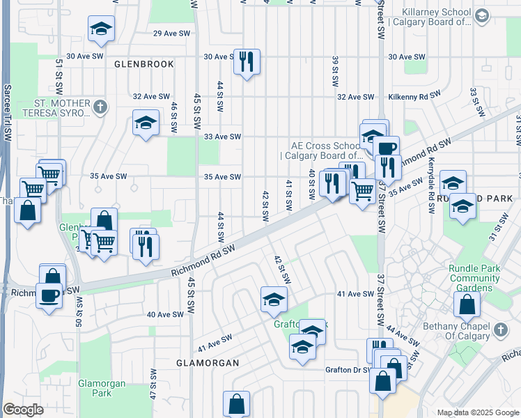 map of restaurants, bars, coffee shops, grocery stores, and more near 3737 42 Street Southwest in Calgary