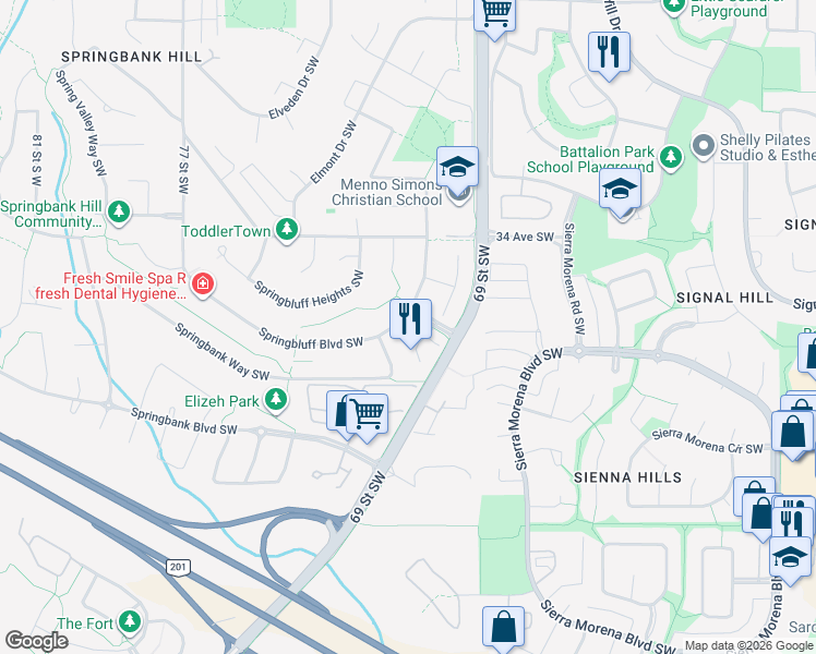 map of restaurants, bars, coffee shops, grocery stores, and more near 66 Springbluff Boulevard Southwest in Calgary