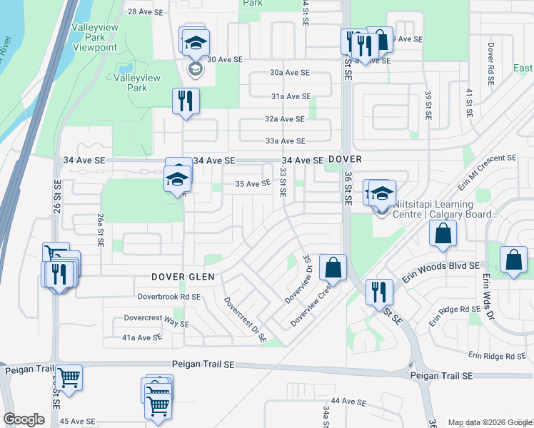 map of restaurants, bars, coffee shops, grocery stores, and more near 8 Dover Ridge Place Southeast in Calgary
