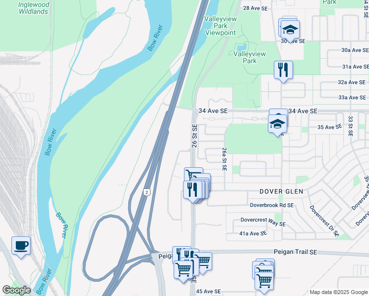 map of restaurants, bars, coffee shops, grocery stores, and more near in Calgary