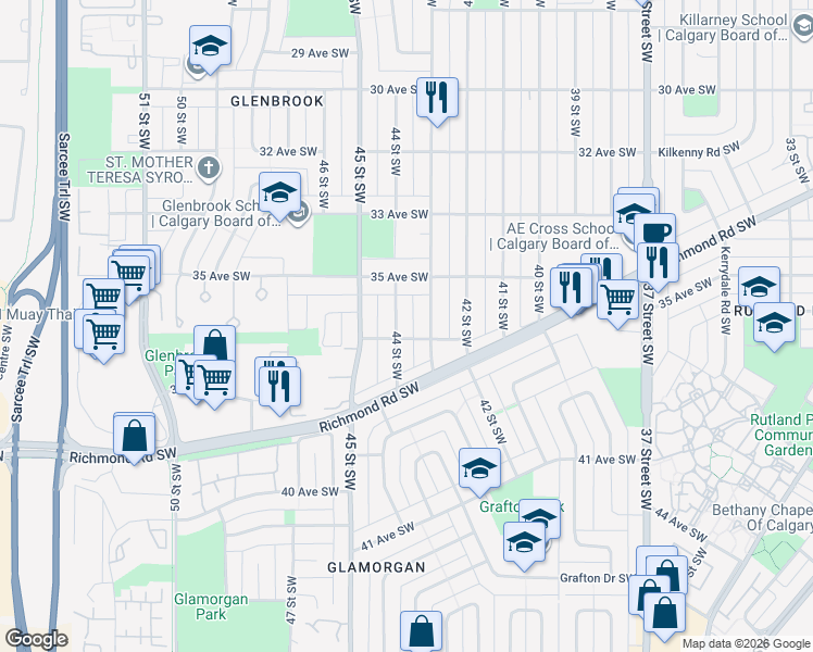 map of restaurants, bars, coffee shops, grocery stores, and more near in Calgary