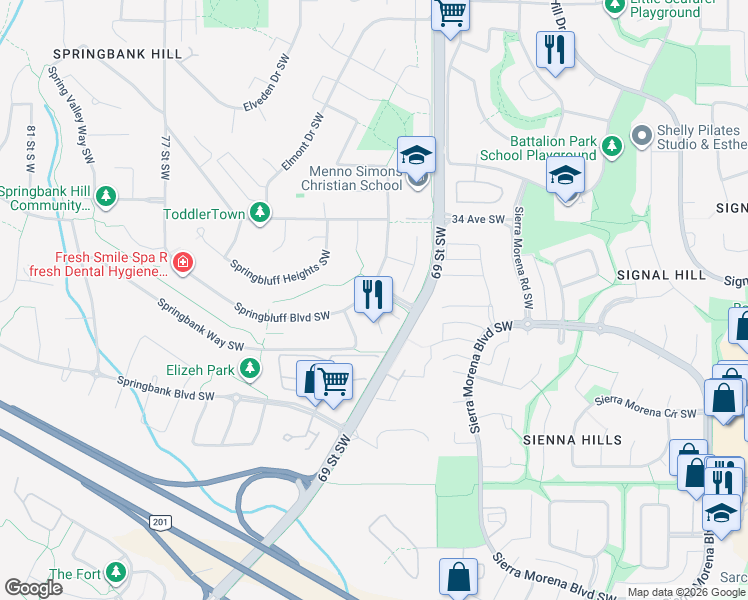 map of restaurants, bars, coffee shops, grocery stores, and more near 66 Springbluff Boulevard Southwest in Calgary