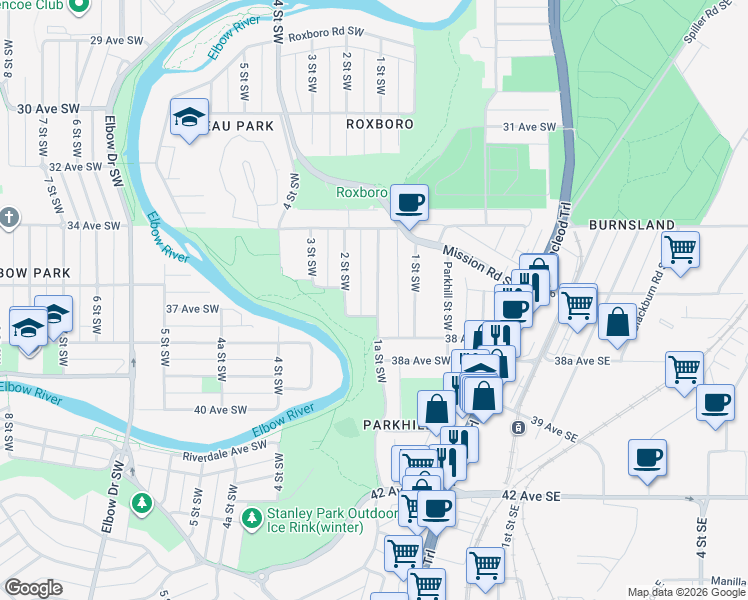 map of restaurants, bars, coffee shops, grocery stores, and more near in Calgary
