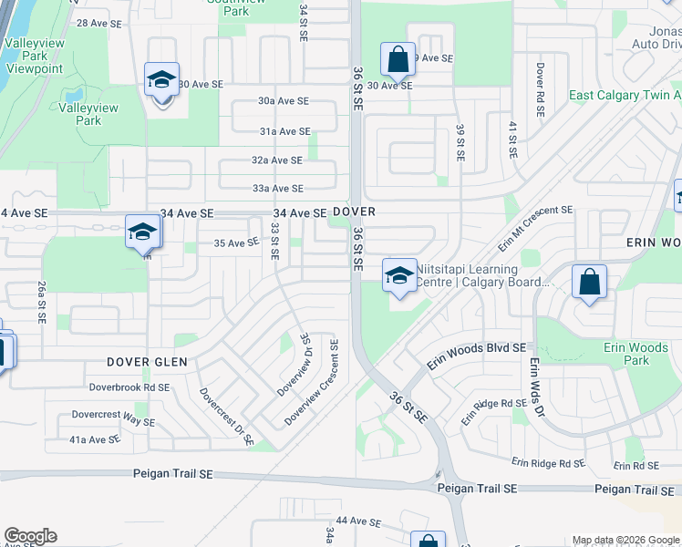 map of restaurants, bars, coffee shops, grocery stores, and more near 3647 Dover Ridge Drive Southeast in Calgary