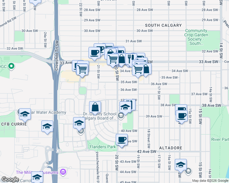 map of restaurants, bars, coffee shops, grocery stores, and more near 2105 36 Avenue Southwest in Calgary
