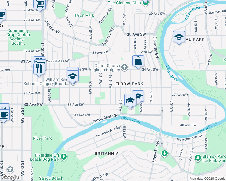 map of restaurants, bars, coffee shops, grocery stores, and more near 3819 8 Street Southwest in Calgary