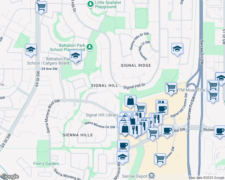 map of restaurants, bars, coffee shops, grocery stores, and more near 137 Sierra Vista Bay Southwest in Calgary