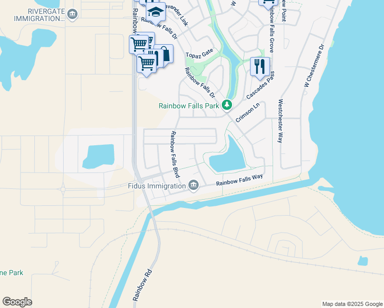 map of restaurants, bars, coffee shops, grocery stores, and more near 129 100 Rainbow Falls Bay in Chestermere