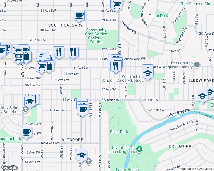 map of restaurants, bars, coffee shops, grocery stores, and more near 3818 14A Street Southwest in Calgary
