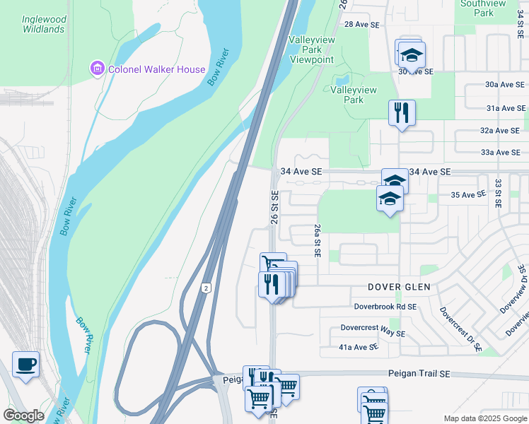 map of restaurants, bars, coffee shops, grocery stores, and more near 216 Doverglen Crescent Southeast in Calgary