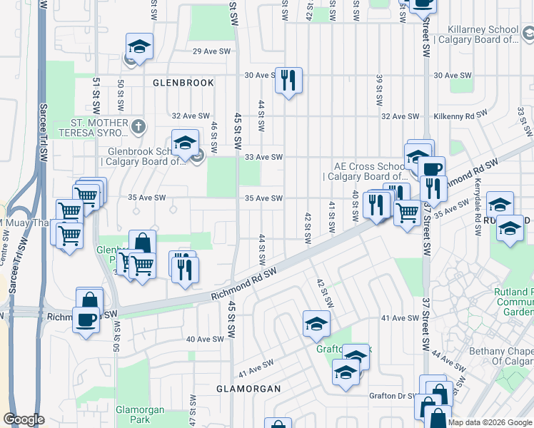 map of restaurants, bars, coffee shops, grocery stores, and more near in Calgary
