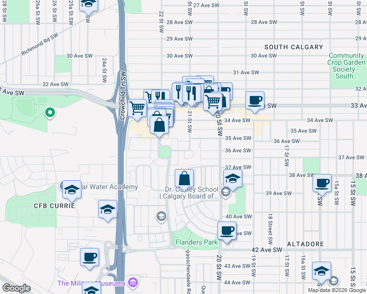 map of restaurants, bars, coffee shops, grocery stores, and more near in Calgary