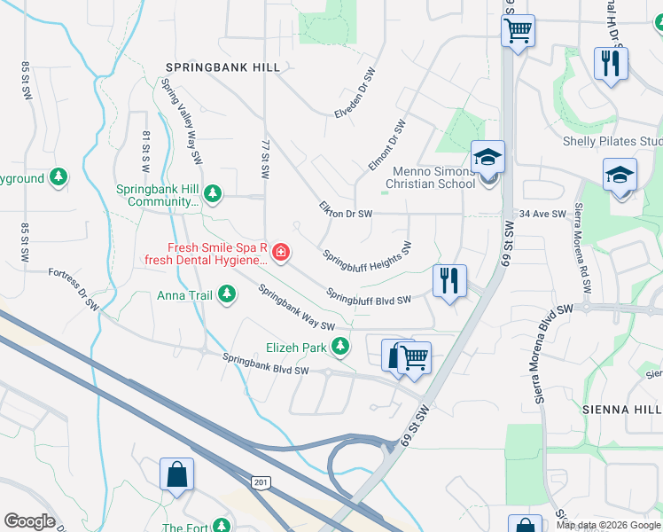 map of restaurants, bars, coffee shops, grocery stores, and more near 145 Springbluff Boulevard Southwest in Calgary