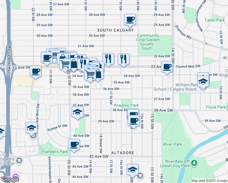 map of restaurants, bars, coffee shops, grocery stores, and more near in Calgary
