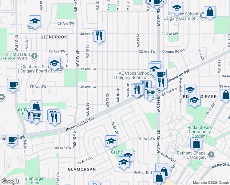 map of restaurants, bars, coffee shops, grocery stores, and more near in Calgary