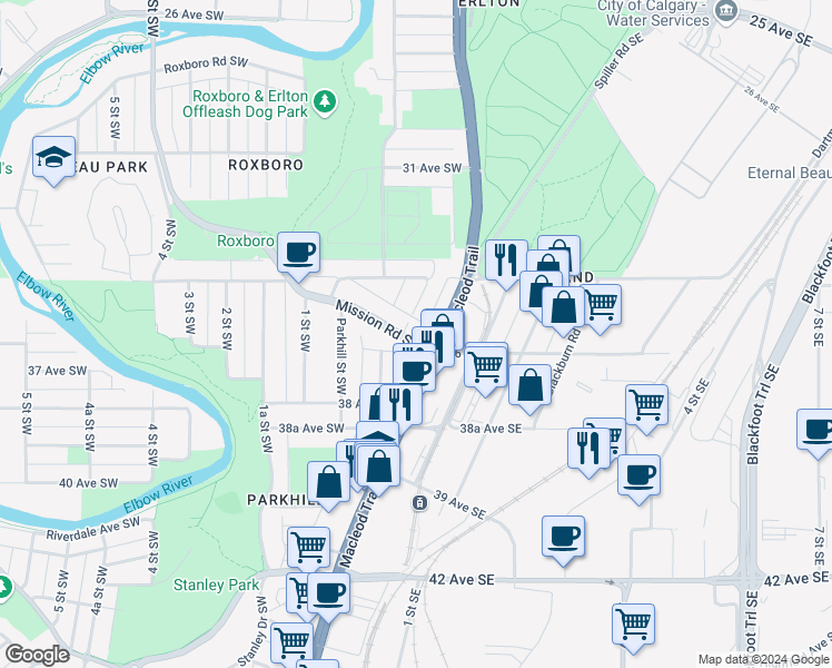 map of restaurants, bars, coffee shops, grocery stores, and more near in Calgary