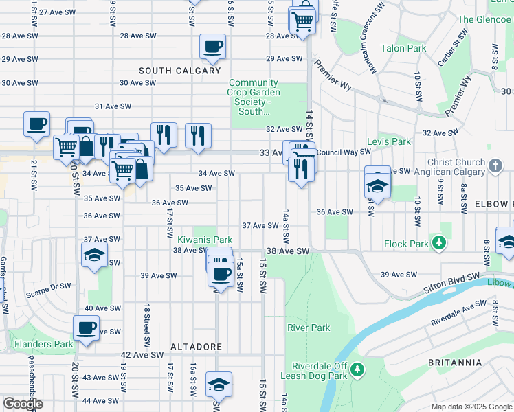 map of restaurants, bars, coffee shops, grocery stores, and more near 3704 15A Street Southwest in Calgary