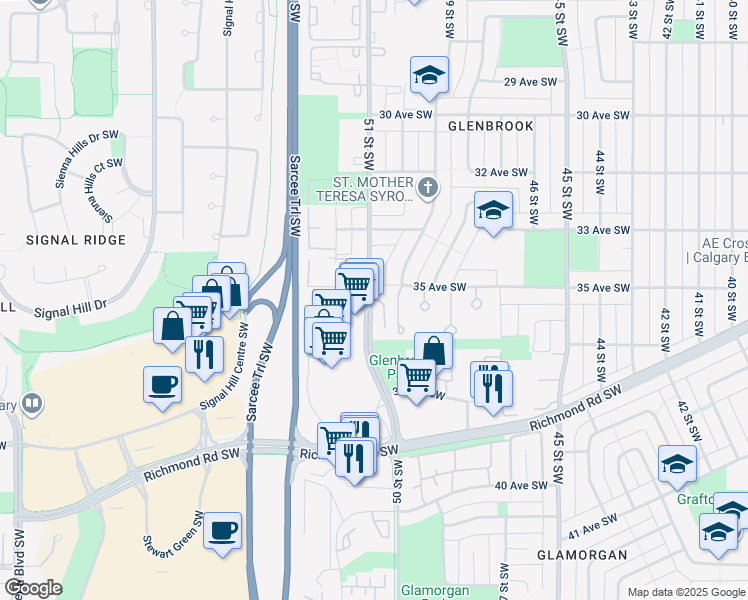 map of restaurants, bars, coffee shops, grocery stores, and more near 3520 51 Street Southwest in Calgary