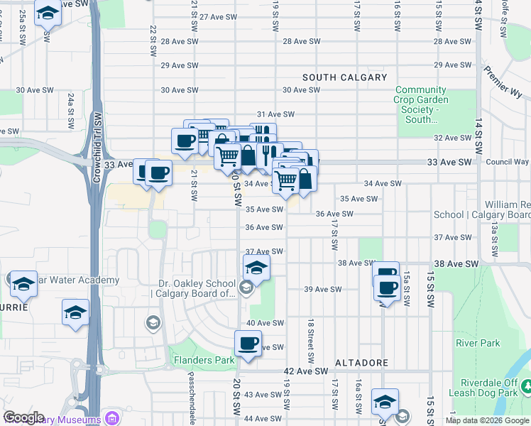 map of restaurants, bars, coffee shops, grocery stores, and more near 2033 34 Avenue Southwest in Calgary