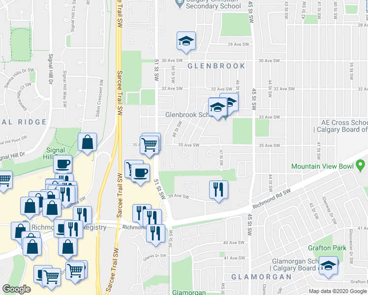 map of restaurants, bars, coffee shops, grocery stores, and more near 3540 49 Street Southwest in Calgary
