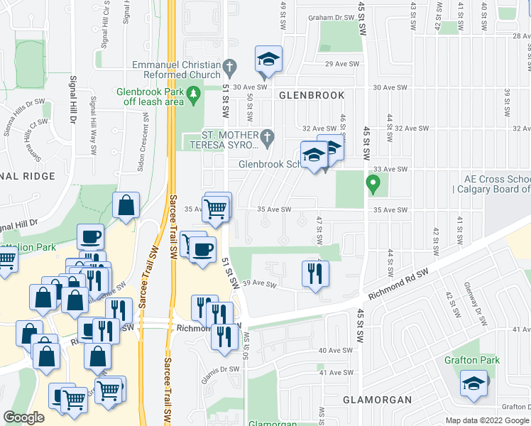 map of restaurants, bars, coffee shops, grocery stores, and more near 3540 49 Street Southwest in Calgary