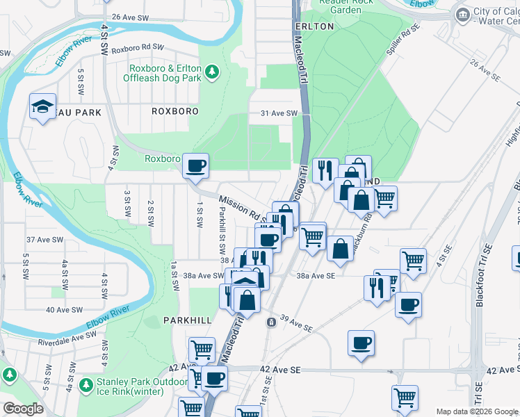 map of restaurants, bars, coffee shops, grocery stores, and more near in Calgary
