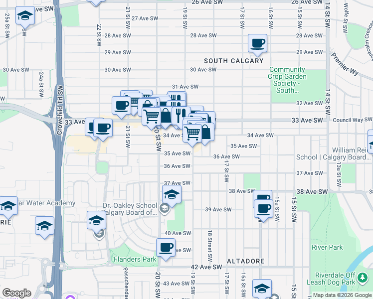 map of restaurants, bars, coffee shops, grocery stores, and more near 2010 35 Avenue Southwest in Calgary