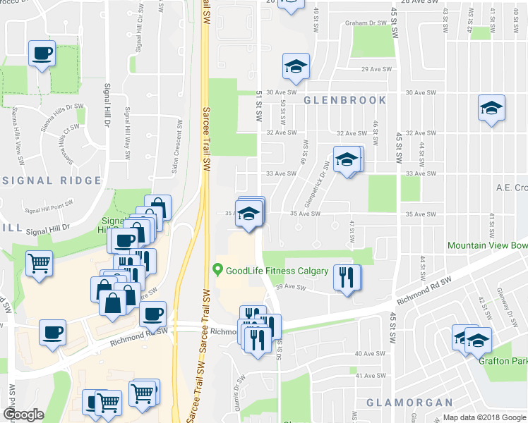 map of restaurants, bars, coffee shops, grocery stores, and more near 3520 51 Street Southwest in Calgary