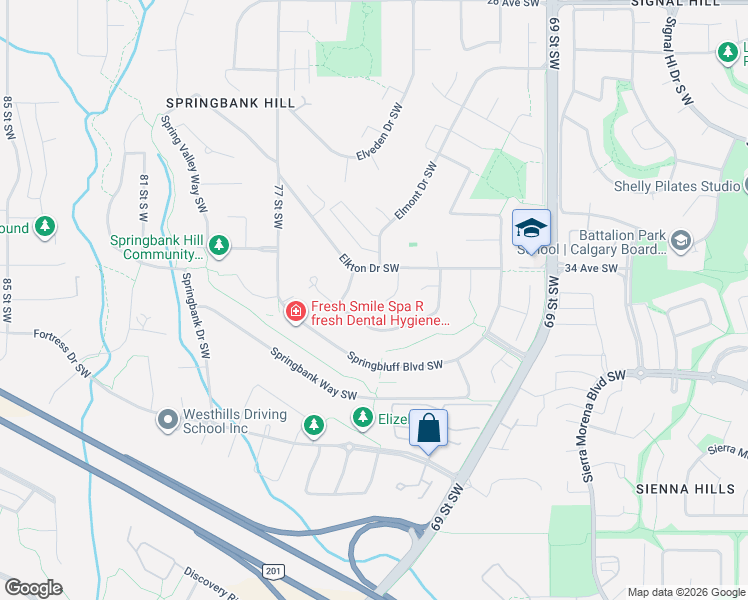map of restaurants, bars, coffee shops, grocery stores, and more near 43 Springbluff Point South West in Calgary