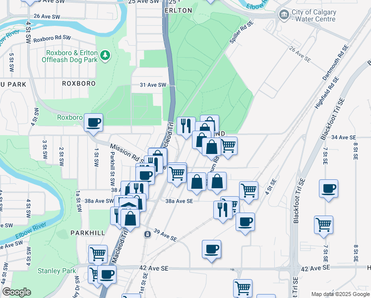 map of restaurants, bars, coffee shops, grocery stores, and more near 3633 Burnsland Road Southeast in Calgary