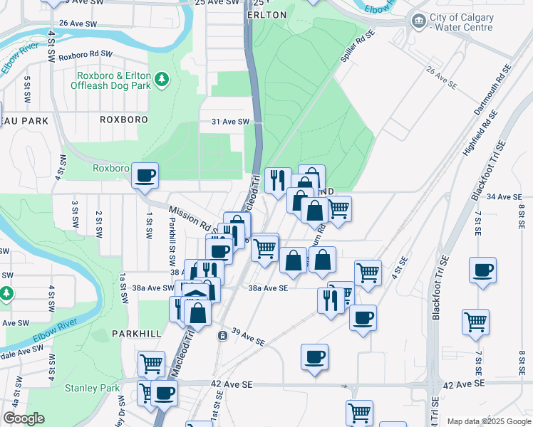 map of restaurants, bars, coffee shops, grocery stores, and more near 3633 Burnsland Road Southeast in Calgary