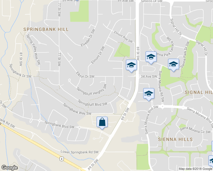 map of restaurants, bars, coffee shops, grocery stores, and more near 130 Springbluff Heights Southwest in Calgary