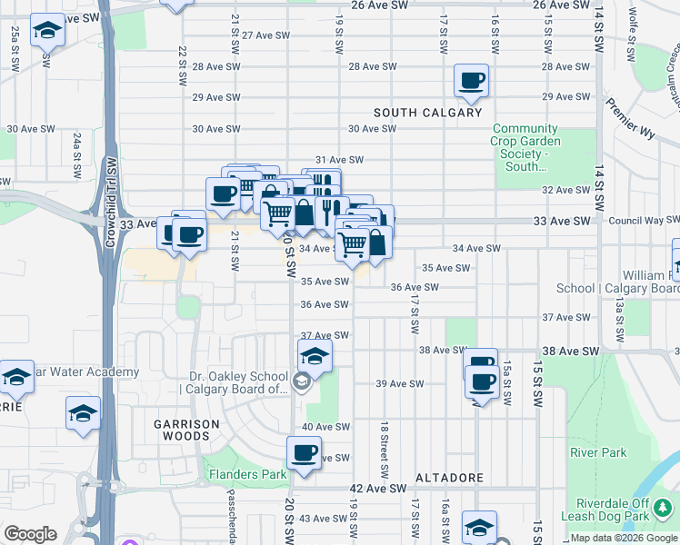 map of restaurants, bars, coffee shops, grocery stores, and more near 3521 19 Street Southwest in Calgary