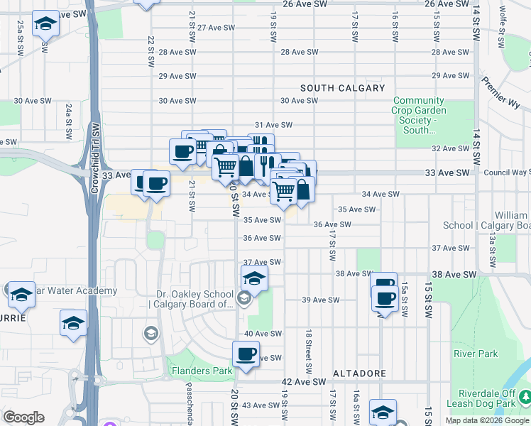 map of restaurants, bars, coffee shops, grocery stores, and more near 2033 34 Avenue Southwest in Calgary