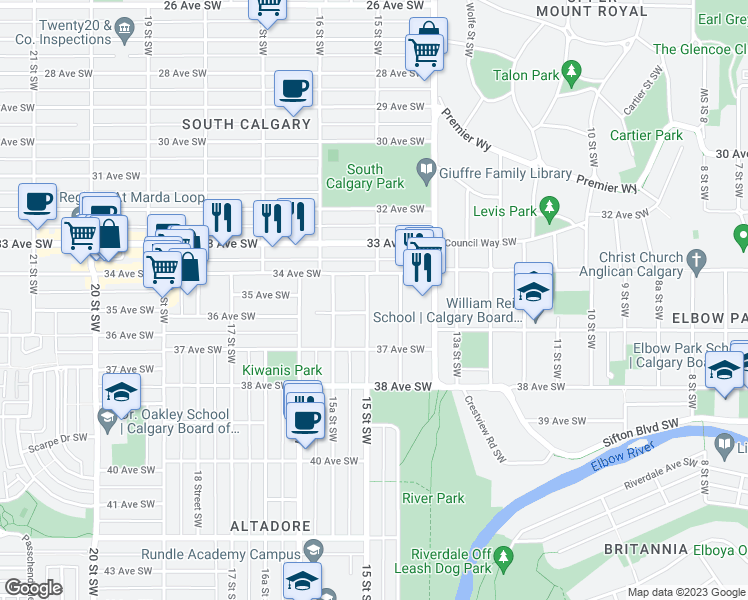 map of restaurants, bars, coffee shops, grocery stores, and more near 3518 15 Street Southwest in Calgary