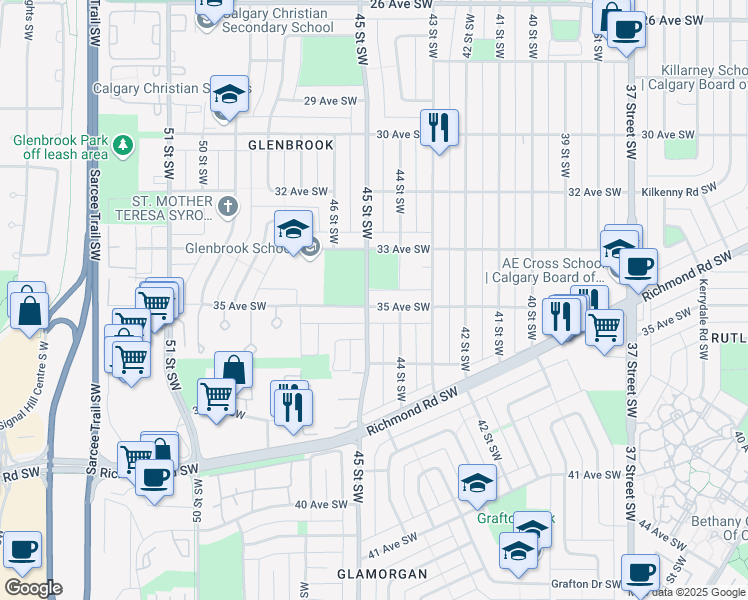 map of restaurants, bars, coffee shops, grocery stores, and more near in Calgary
