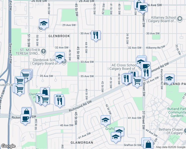 map of restaurants, bars, coffee shops, grocery stores, and more near 3535 43 Street Southwest in Calgary