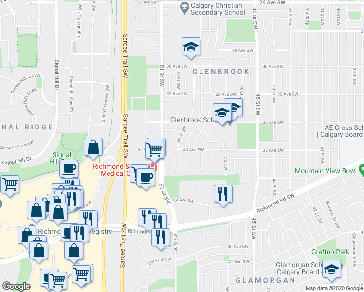 map of restaurants, bars, coffee shops, grocery stores, and more near 3540 49 Street Southwest in Calgary