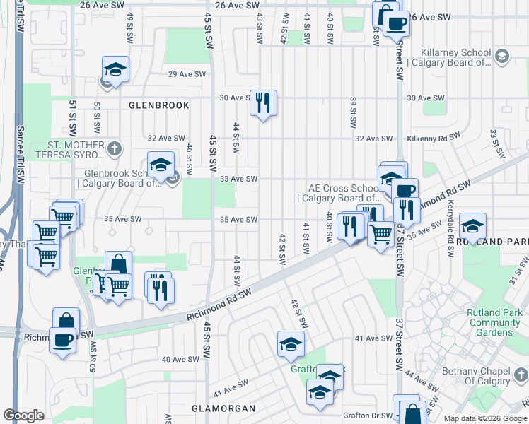map of restaurants, bars, coffee shops, grocery stores, and more near 3535 43 Street Southwest in Calgary