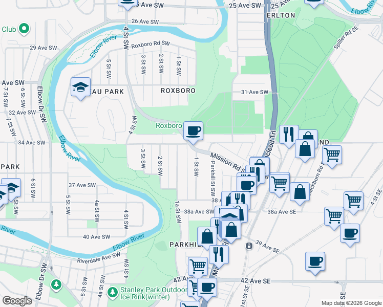 map of restaurants, bars, coffee shops, grocery stores, and more near 3609 1 Street Southwest in Calgary