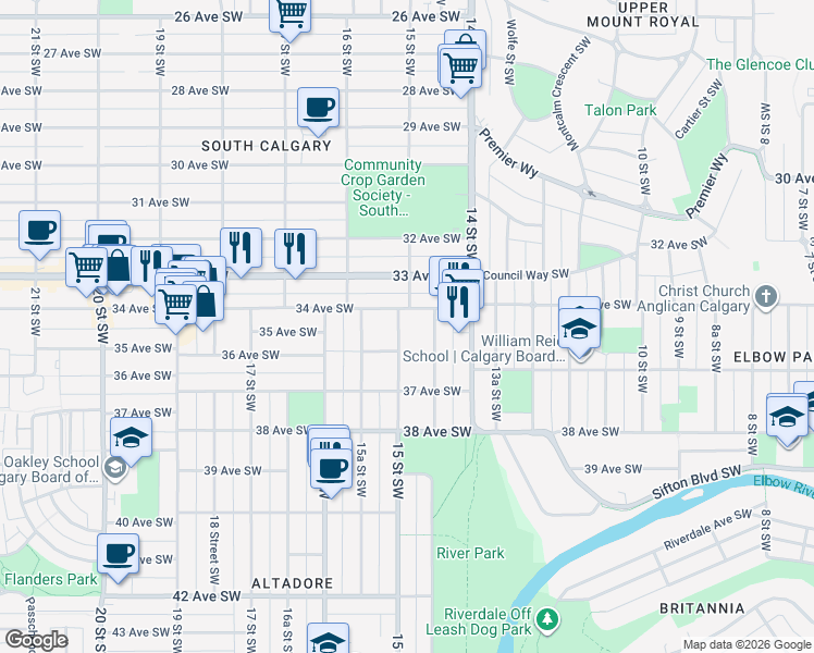 map of restaurants, bars, coffee shops, grocery stores, and more near 3518 15 Street Southwest in Calgary