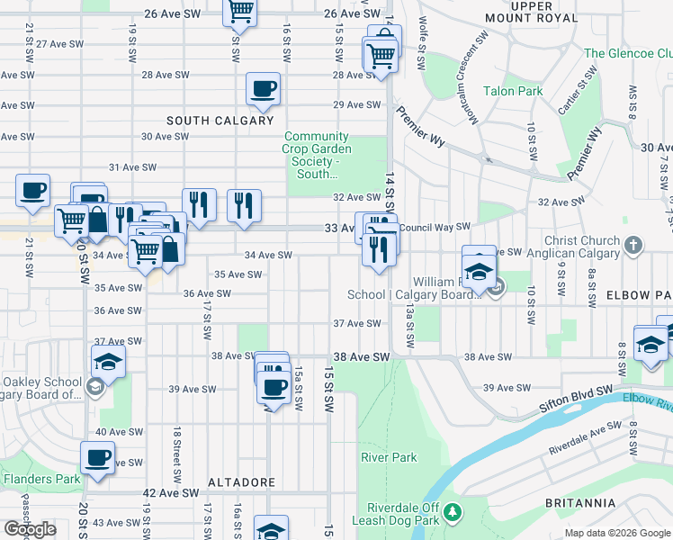 map of restaurants, bars, coffee shops, grocery stores, and more near 3518 15 Street Southwest in Calgary