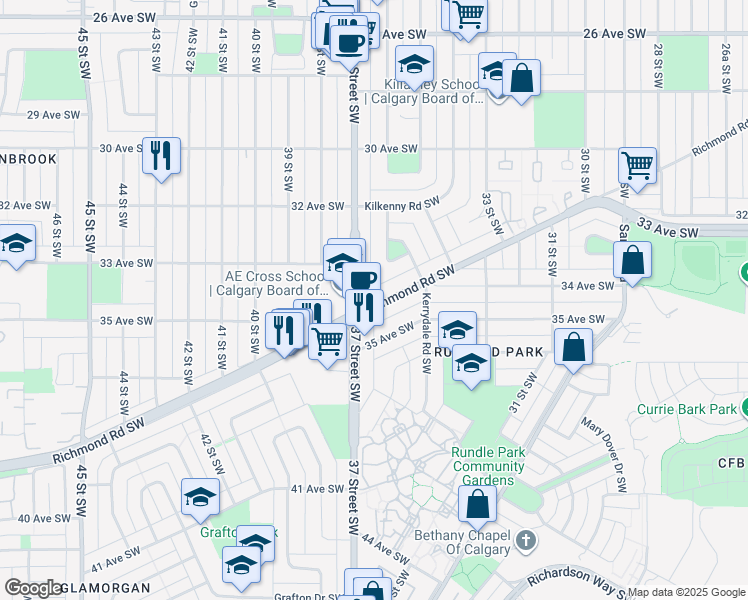 map of restaurants, bars, coffee shops, grocery stores, and more near 3712 Richmond Road Southwest in Calgary