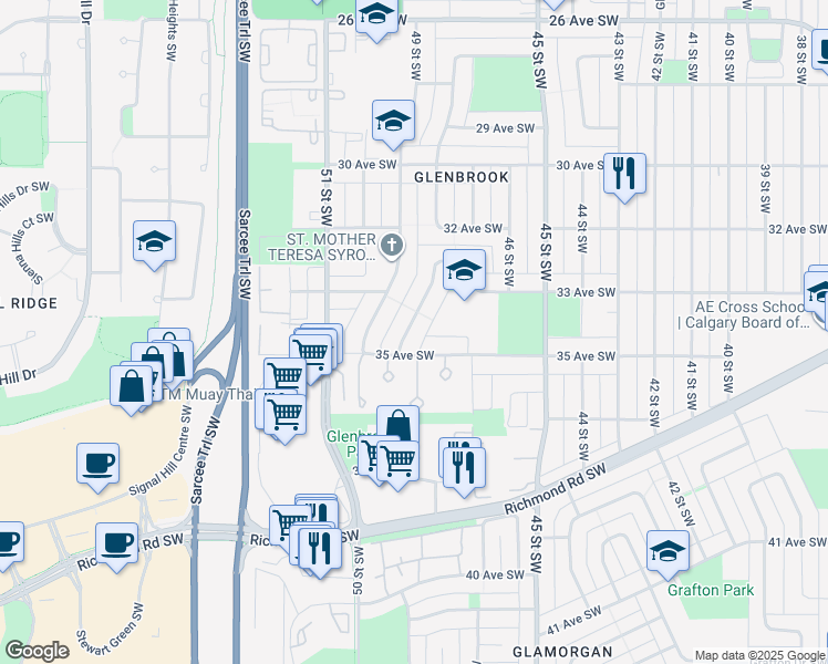 map of restaurants, bars, coffee shops, grocery stores, and more near 119 Glenpatrick Drive Southwest in Calgary
