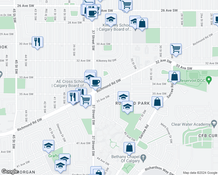 map of restaurants, bars, coffee shops, grocery stores, and more near 3711 Richmond Road Southwest in Calgary