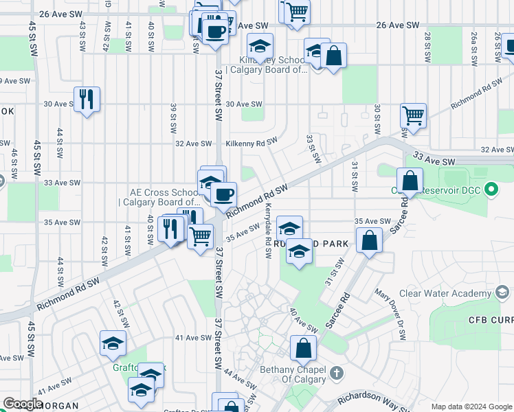 map of restaurants, bars, coffee shops, grocery stores, and more near 3711 Richmond Road Southwest in Calgary