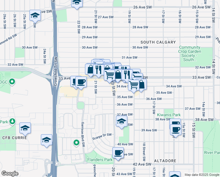 map of restaurants, bars, coffee shops, grocery stores, and more near 2107 34 Avenue Southwest in Calgary