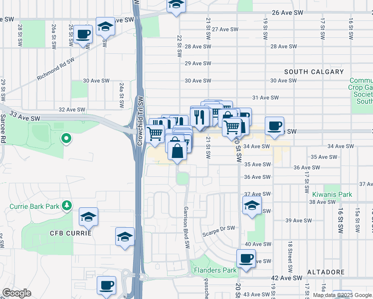 map of restaurants, bars, coffee shops, grocery stores, and more near 2233 34 Avenue Southwest in Calgary